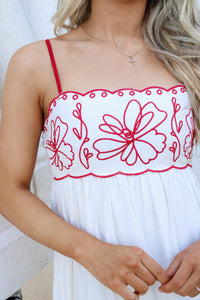 The Coastal Blossom Scalloped Midi  Dress - Red