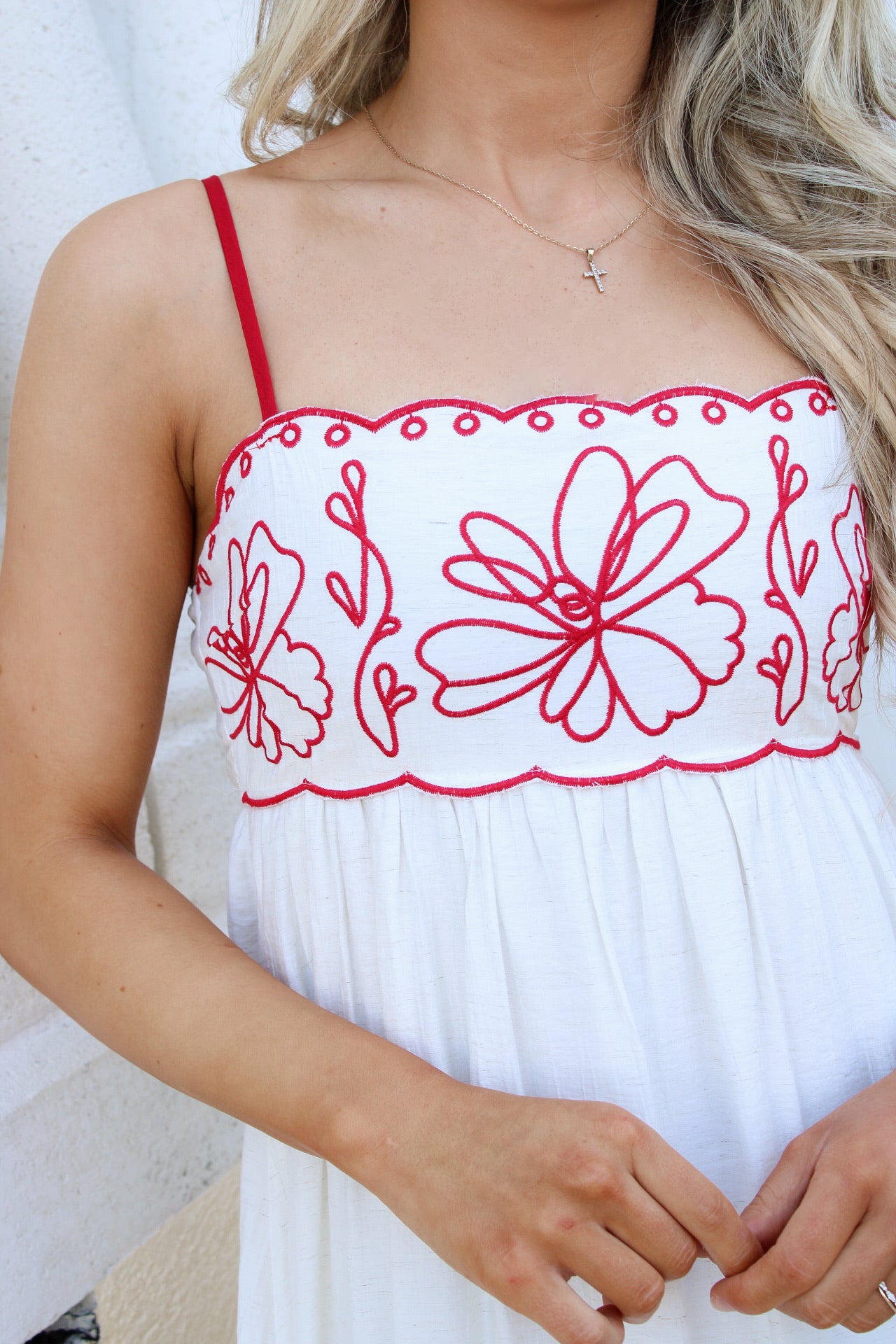 The Coastal Blossom Scalloped Midi  Dress - Red