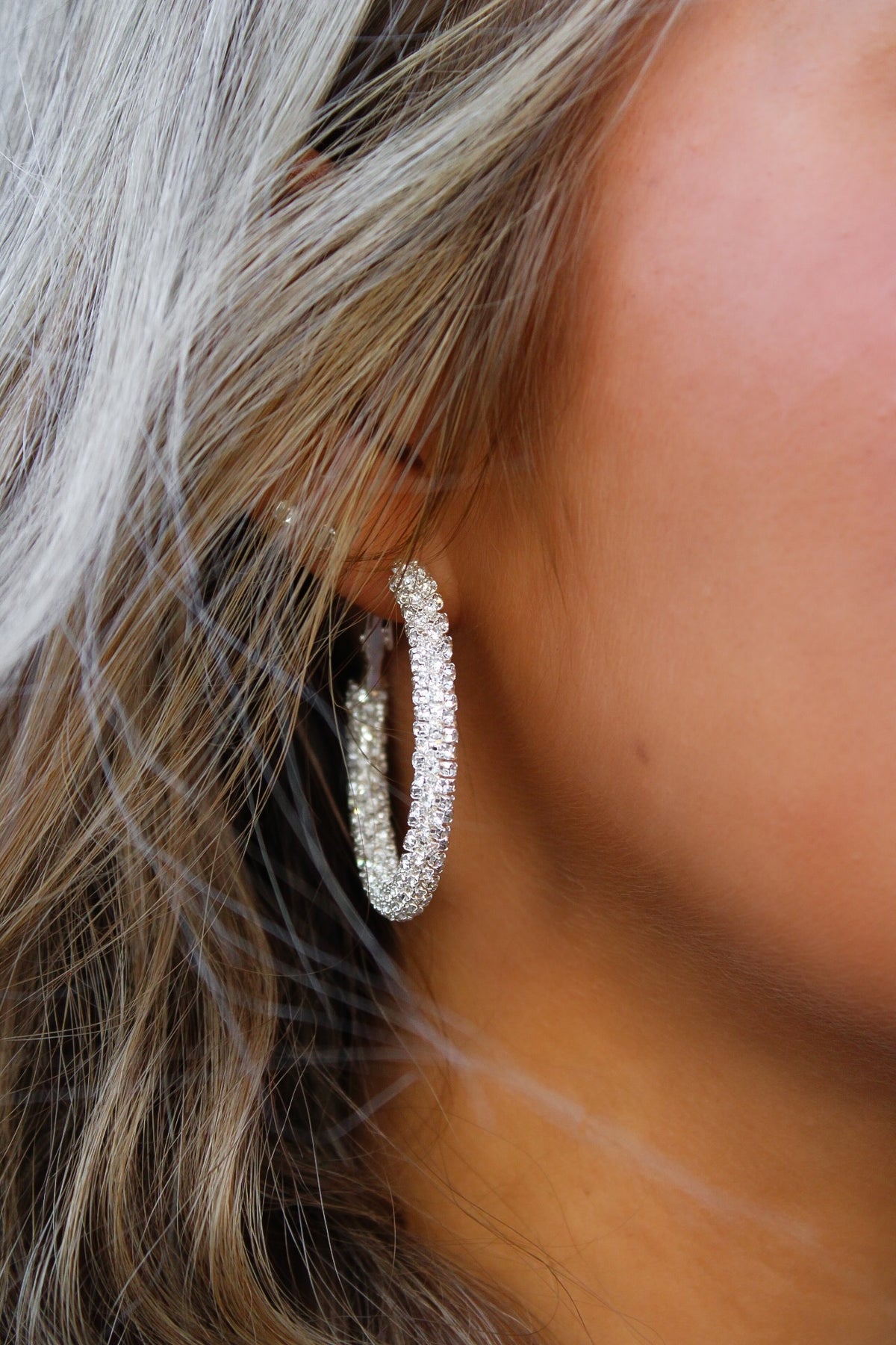 Rhinestone Wrapped Hoop Earrings - Silver