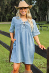 Denim Daydream Bow Tie Mini Dress - Med Wash