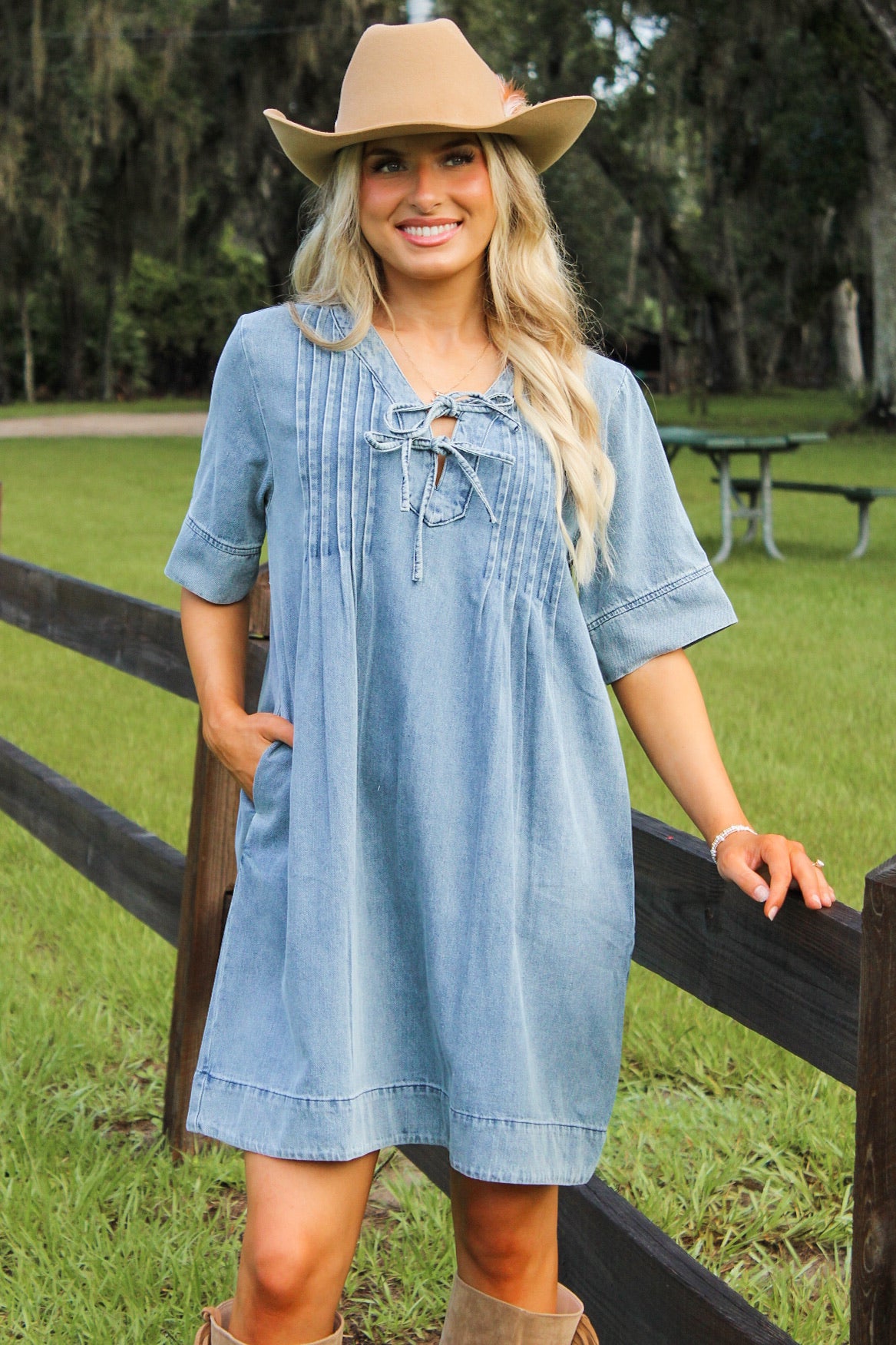 Denim Daydream Bow Tie Mini Dress - Med Wash