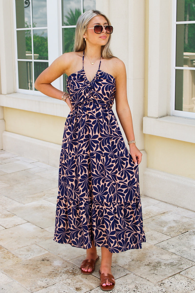 On My Mind Geo Print Halter Midi Dress - Navy