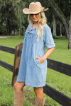 Denim Daydream Bow Tie Mini Dress - Med Wash