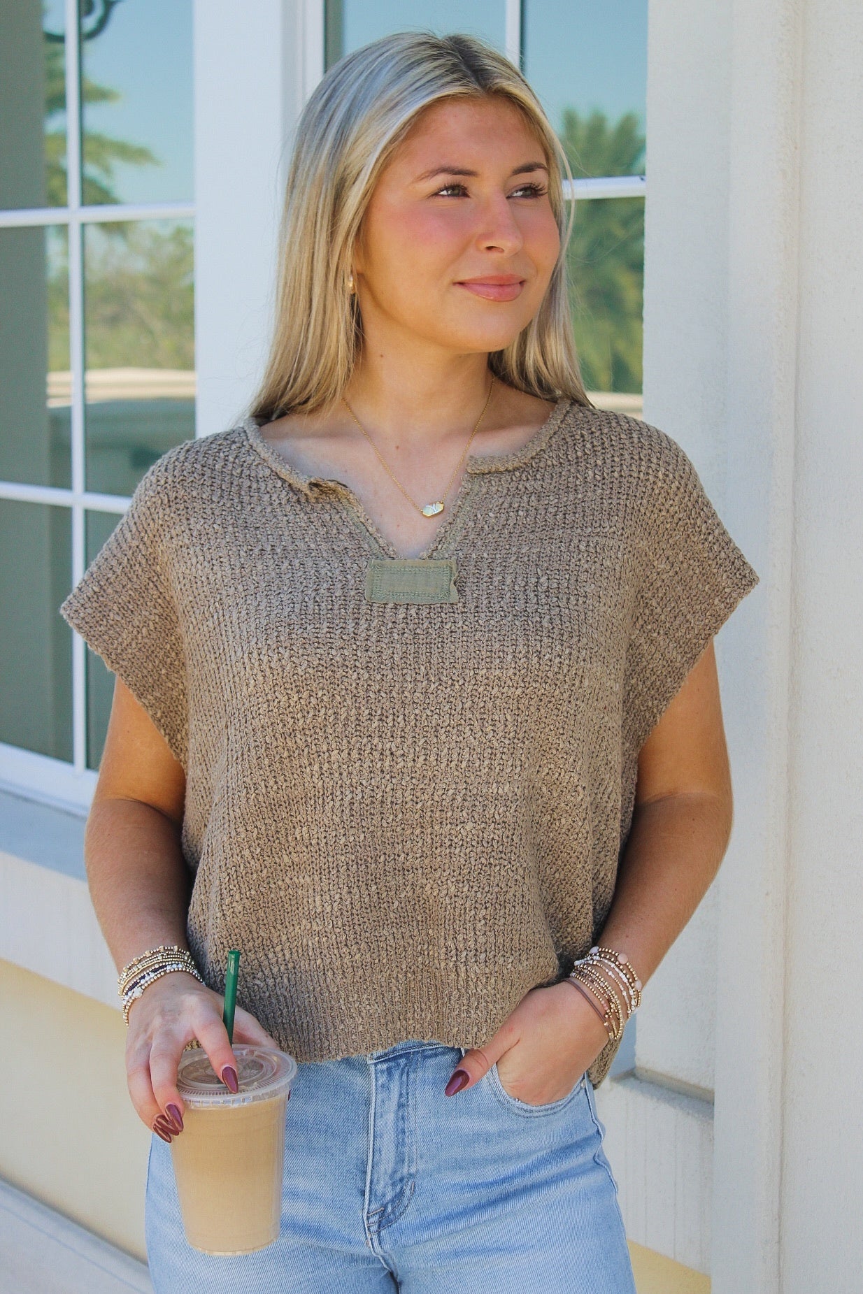 Everyday Edge Notched V-Neck Sweater - Cappuccino