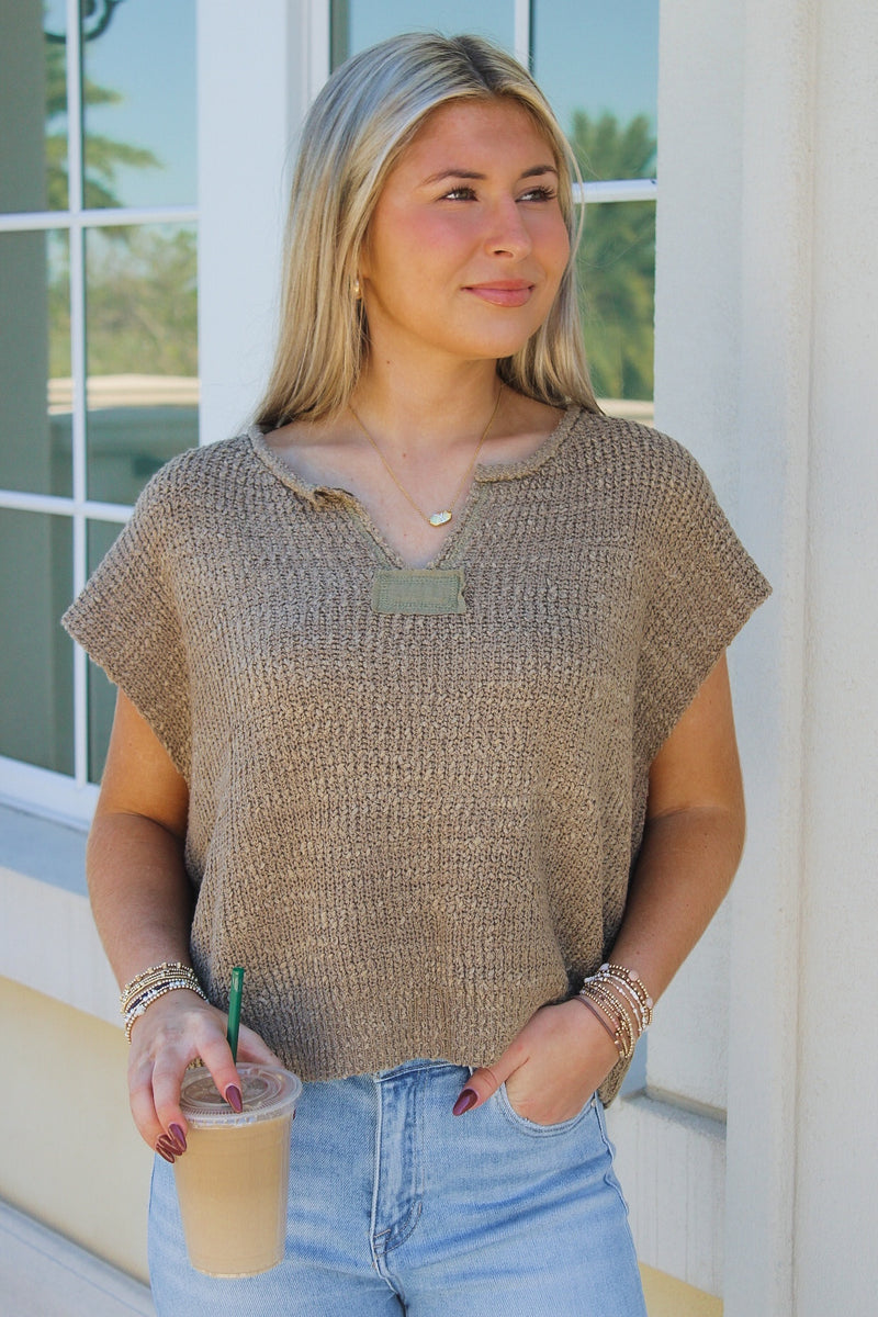Everyday Edge Notched V-Neck Sweater - Cappuccino