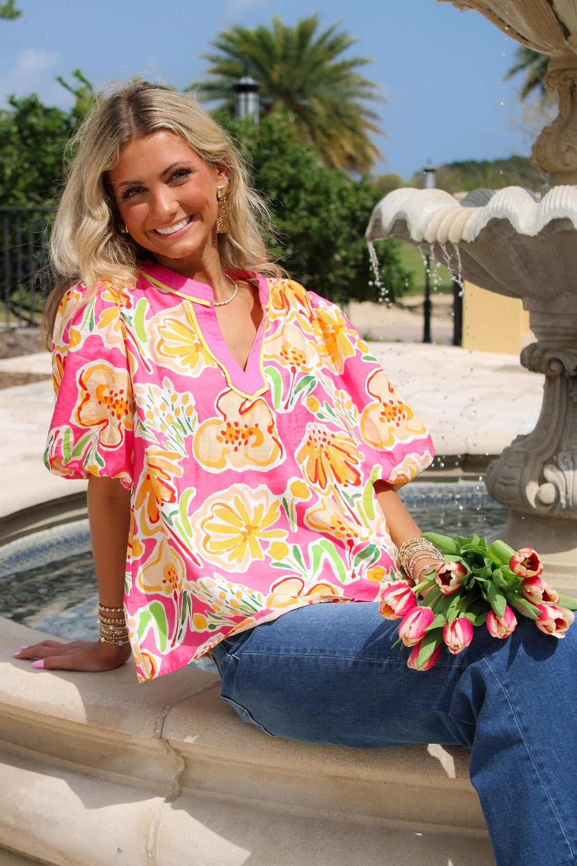 Sunset Bloom Bubble Sleeve Top - Pink