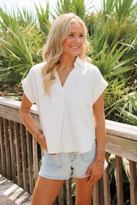 Seaside Air Collared Linen Top - White
