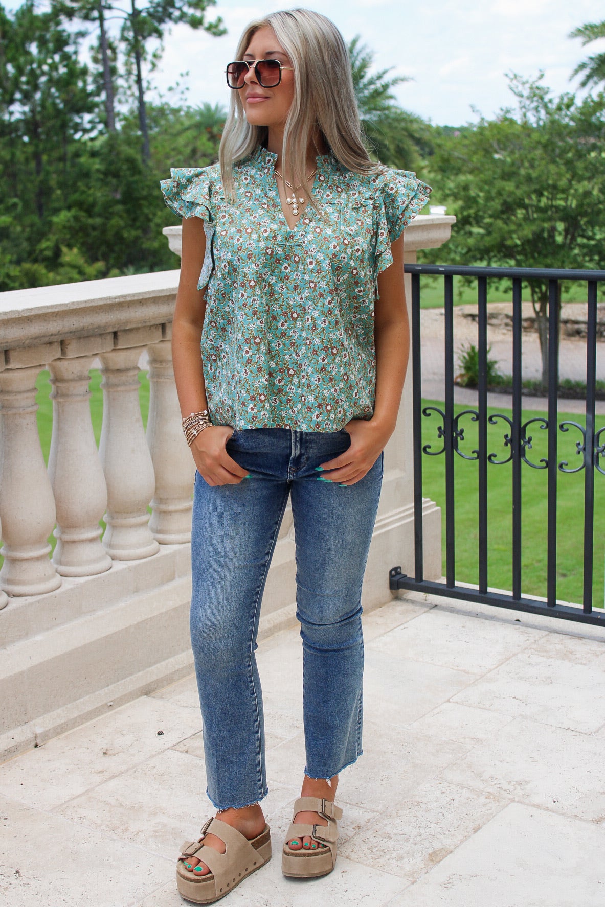 Changing Seasons Floral Ruffle Top - Mint