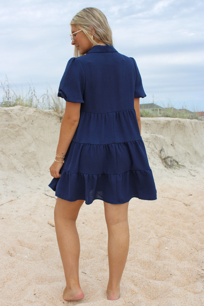 Casual Trip Bell Sleeve Tiered Dress - Navy