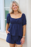 Fresh Start Puff Sleeve Top - Navy