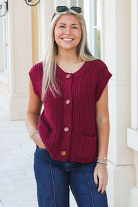 Everyday Ease Button Down Knit Vest - Wine