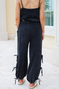 Effortless Days Mineral Washed Ribbon Tie Pants - Black