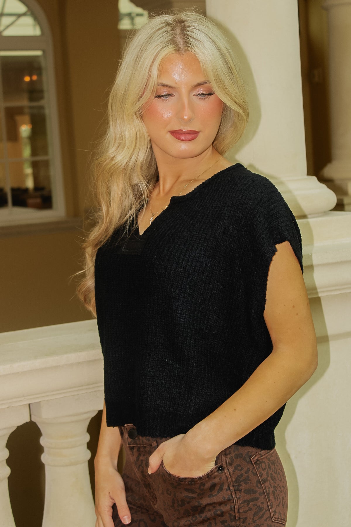 Everyday Edge Notched V-Neck Sweater - Black