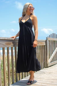 Summer Strolls Halter Neck Tie Midi Dress - Black