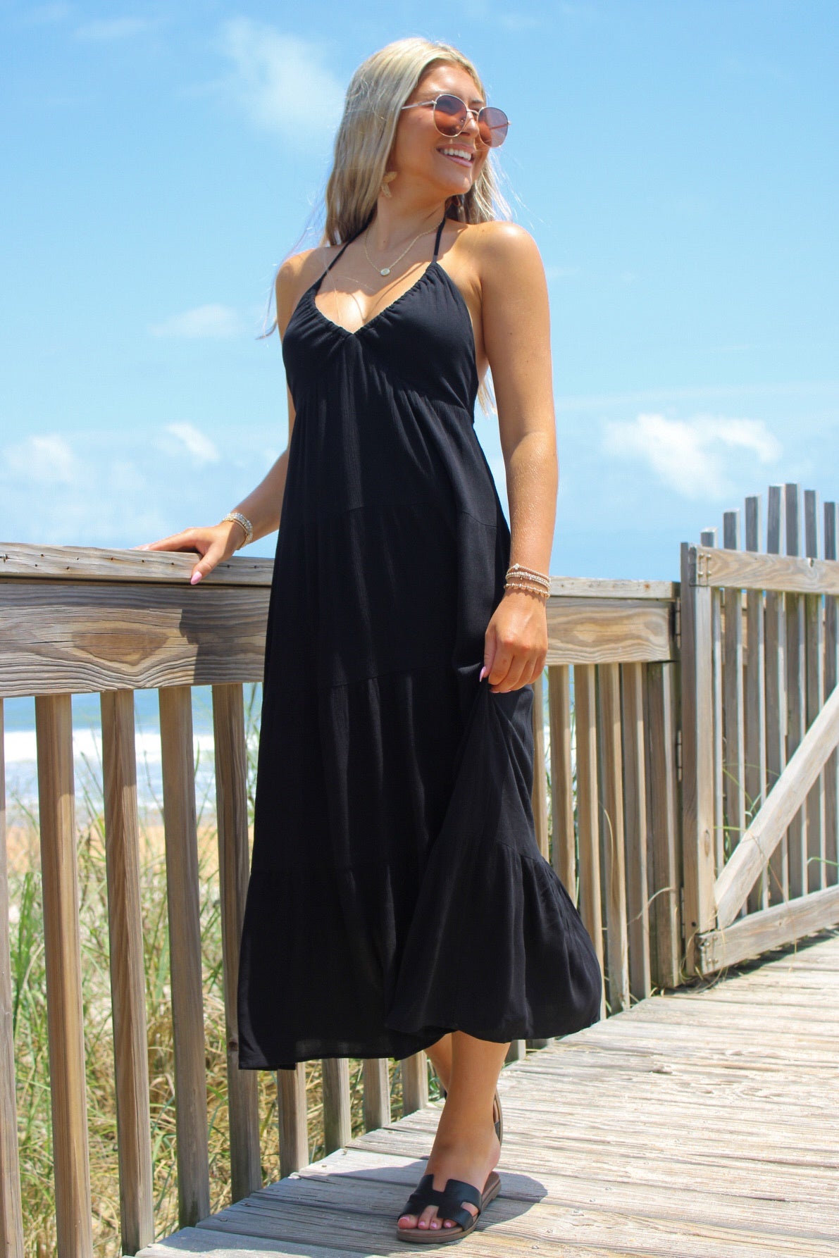 Summer Strolls Halter Neck Tie Midi Dress - Black