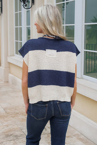 Cozy Dreams Striped Cropped Sweater - Navy/Ecru