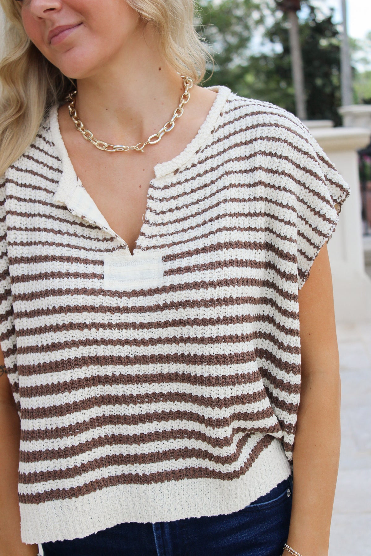 Cozy In The City Striped Sweater - Ecru/Brown