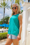 Colorful Days Back Button Linen Top - Jade Green