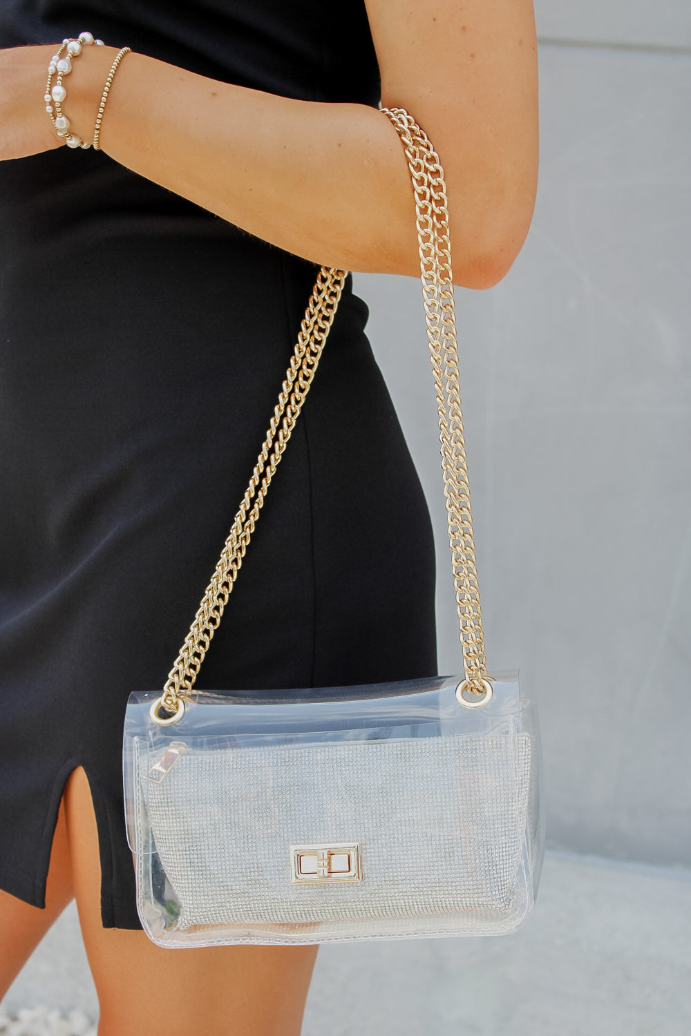 A Classy Look Clear Bag With Rhinestone Clutch - Clear | Makk Fashions