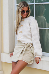 Enchanted Bow Cable Knit Sweater - Cream