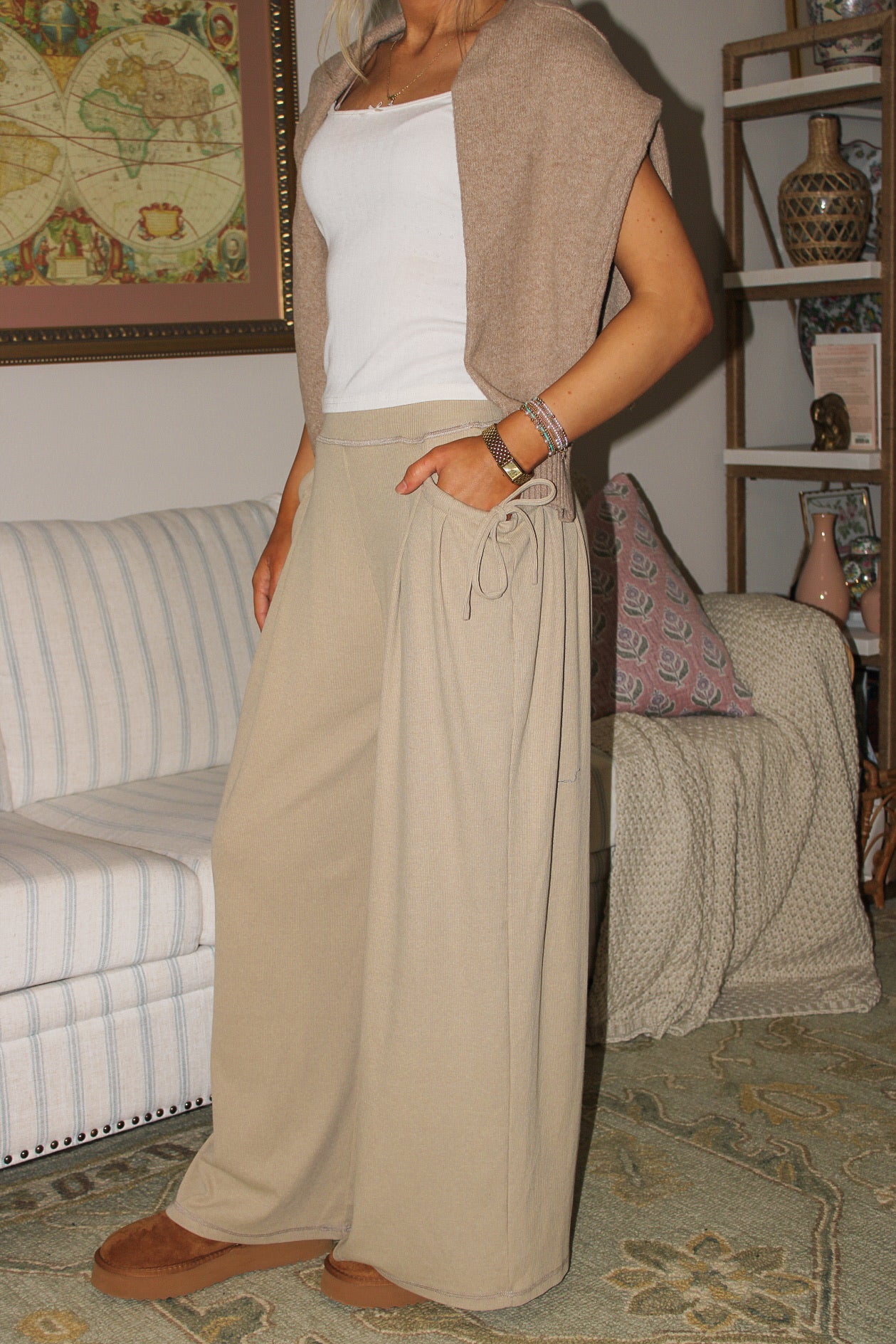 Sunday Escape Wide Leg Ribbed Pants - Taupe