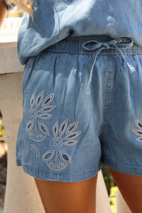Meadow Mist Embroidered Embroidered Shorts - Denim