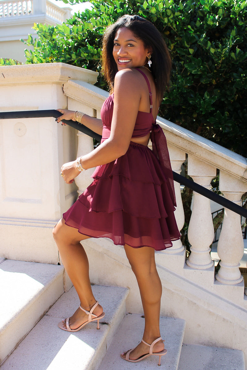 Celebrate Happy Times Chiffon Mini Dress - Burgundy