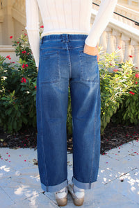 Brandy Slouchy Crop Barrel Drawstring Jeans - Dk Wash