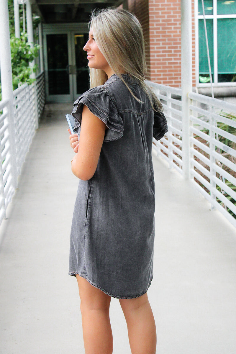 All I Want Button Down Ruffle Mini Dress - Black