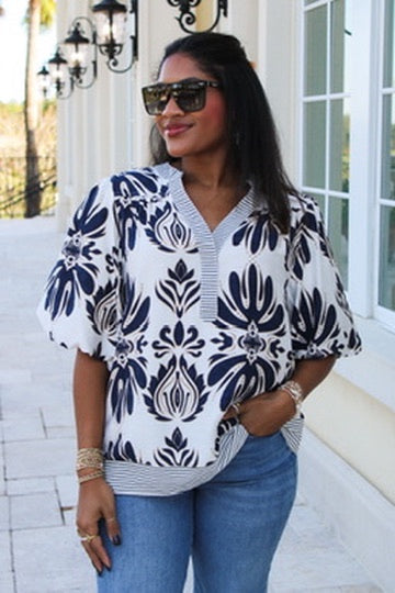 Pattern Play Bubble Sleeve Printed Top - Navy