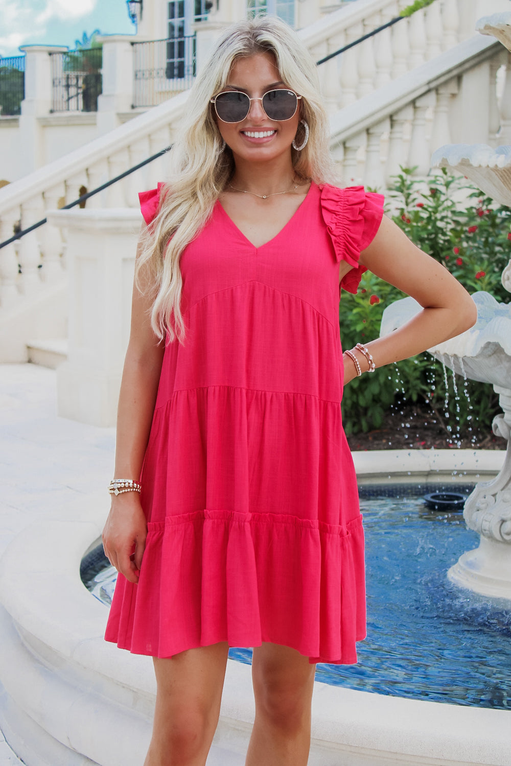 A Pop Of Color Linen Tiered Ruffle Dress - Coral | Makk Fashions