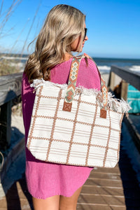 Alicia Fringe Pattern Tote Bag - Ivory | Makk Fashions