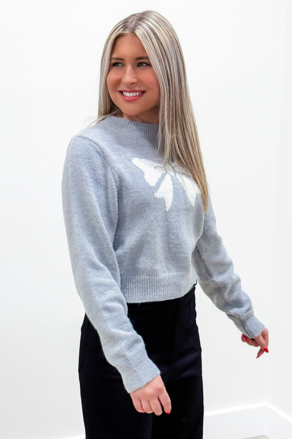 All Wrapped Up Bow Cropped Sweater - H. Gray | Makk Fashions