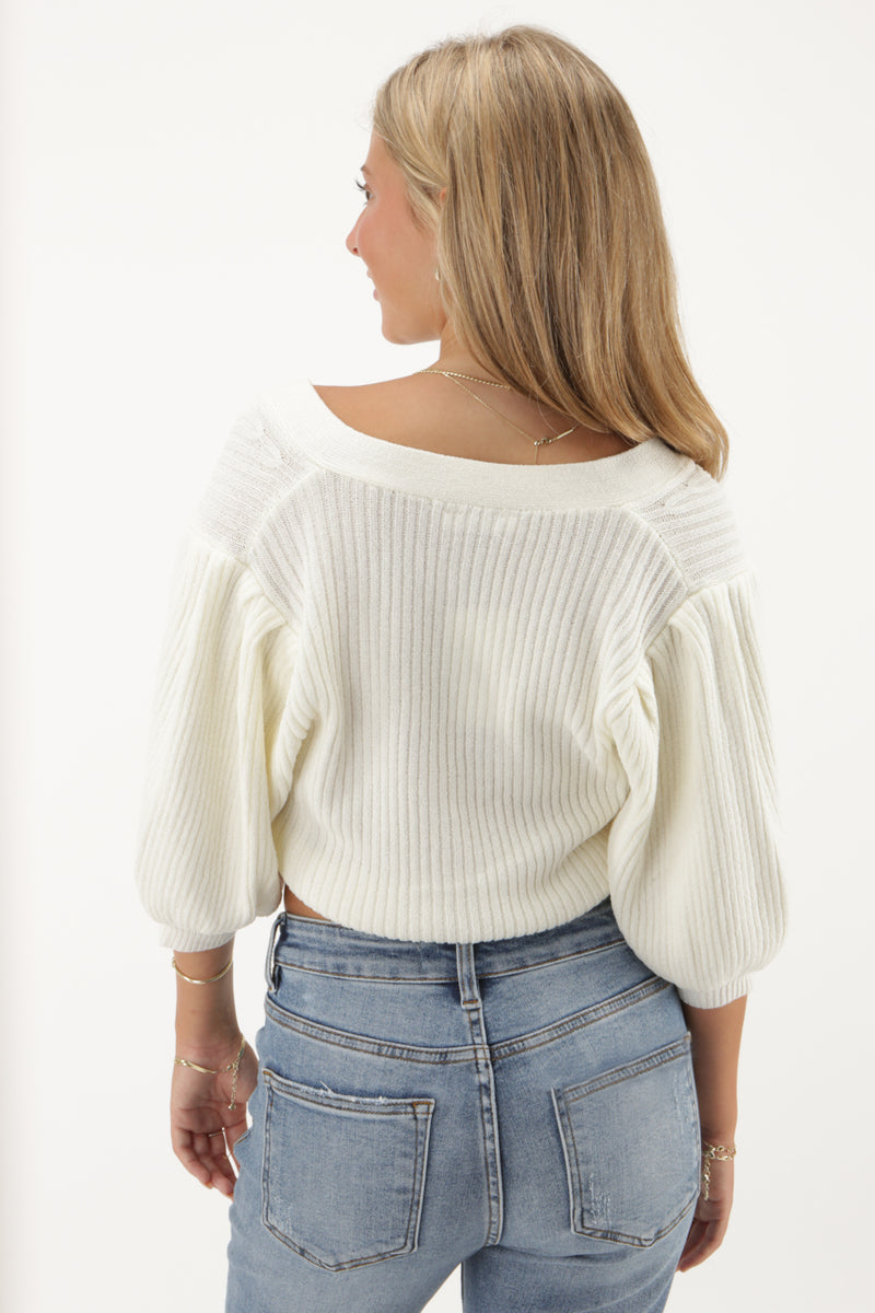 Always Be There Puff Sleeve Sweater - White | Makk Fashions