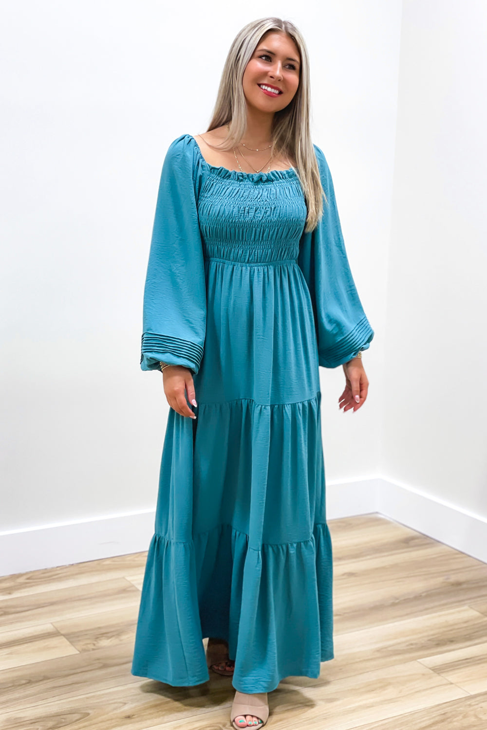 Dusty blue fashion maxi dress with sleeves