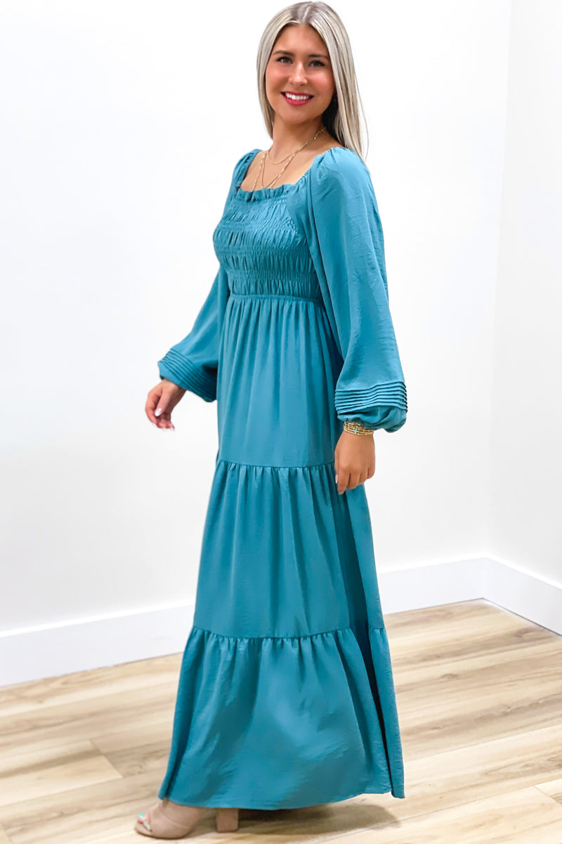 Always Blessed Smocked Tiered Maxi Dress - Dusty Blue | Makk Fashions