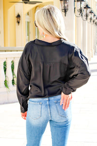 Always On Time Satin Button Down Top - Black | Makk Fashions