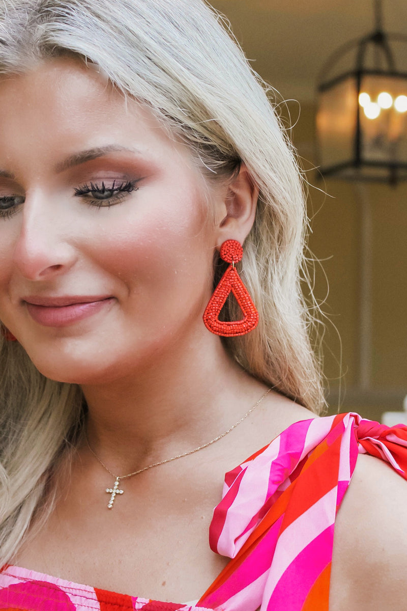 Always Shining Beaded Triangle Earrings - Red | Makk Fashions