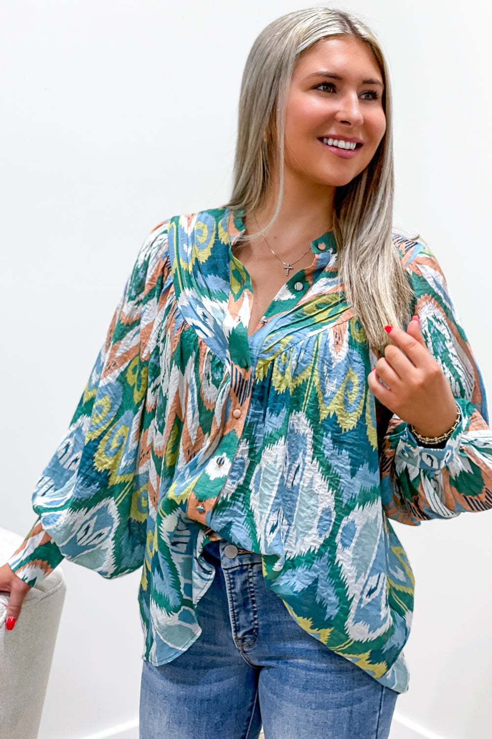 Always Thankful Bubble Sleeve Top - Green Multi | Makk Fashions