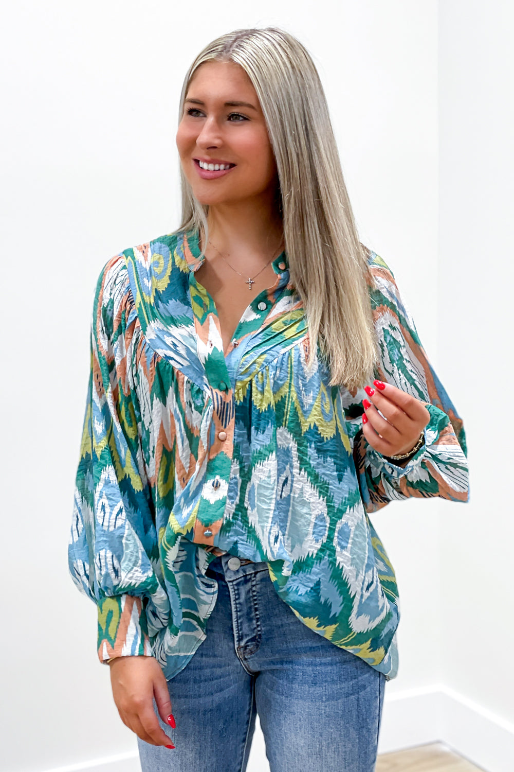 Always Thankful Bubble Sleeve Top - Green Multi | Makk Fashions