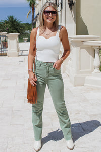 Amber High Rise Straight Leg Raw Hem Jeans - Olive | Makk Fashions