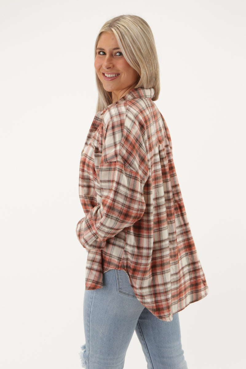 Another Adventure Button Down Plaid Shirt - Terracotta | Makk Fashions