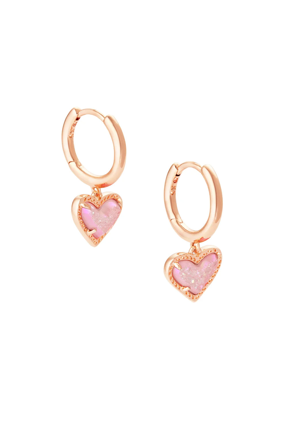 Kendra Scott: Ari Heart Rose Gold Huggie Earrings - Light Pink Drusy | Makk Fashions