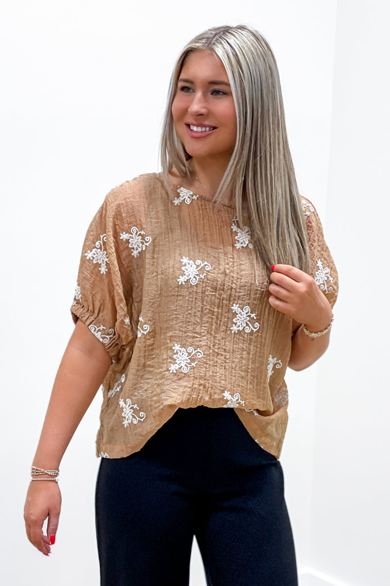 Autumn Breeze Embroidered Top - Cappuccino | Makk Fashions