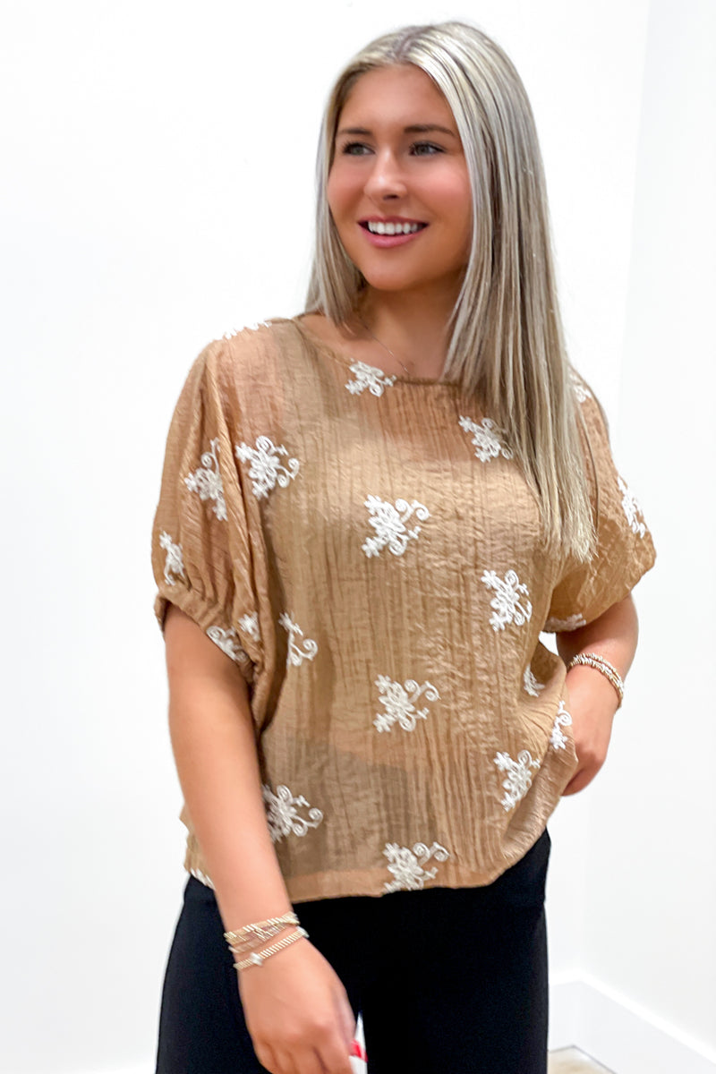 Autumn Breeze Embroidered Top - Cappuccino | Makk Fashions