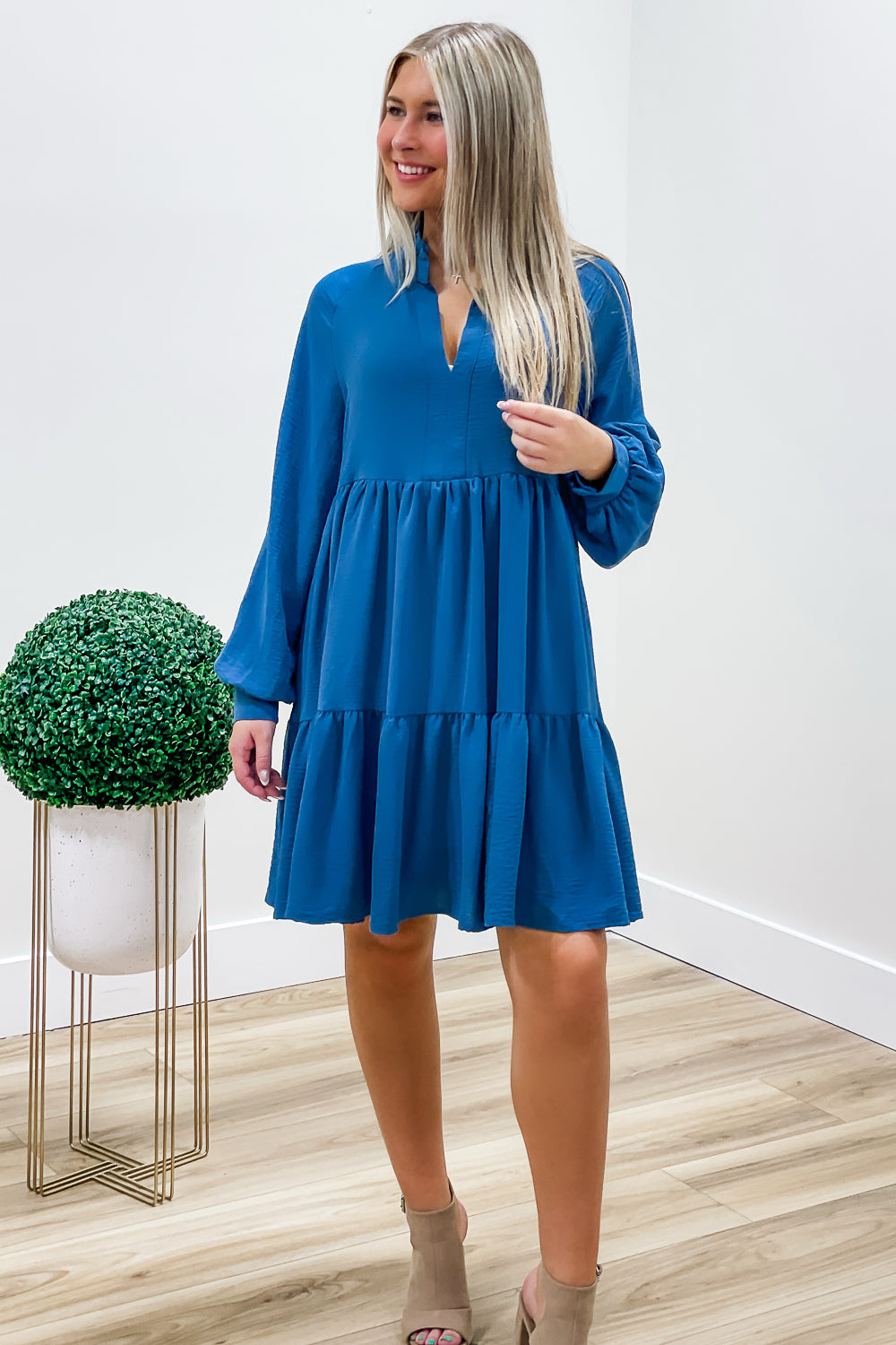 Autumn Harvest Woven Tiered Dress - Dusty Blue | Makk Fashions