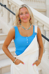 Ribbed Scoop Neck Button Front Tank Top - Turquoise