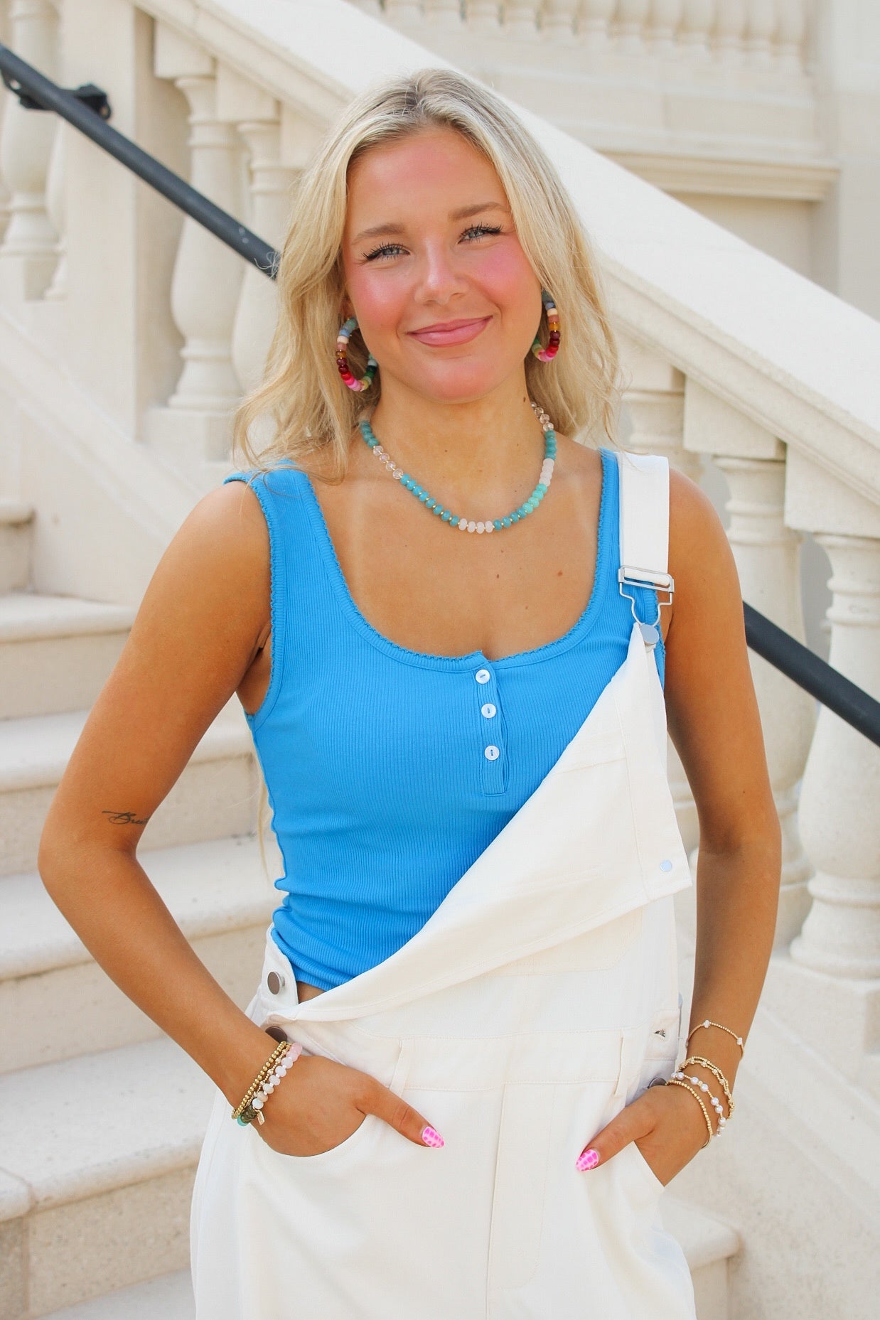 Ribbed Scoop Neck Button Front Tank Top - Turquoise