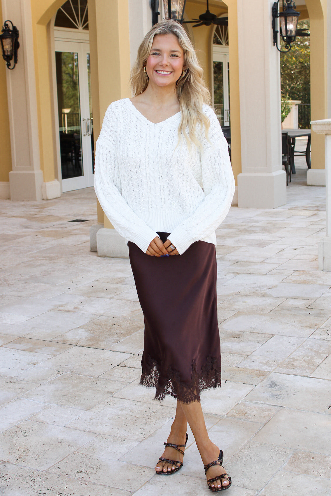 Modern Romance Satin Scalloped Lace Trim Midi Skirt - Brown