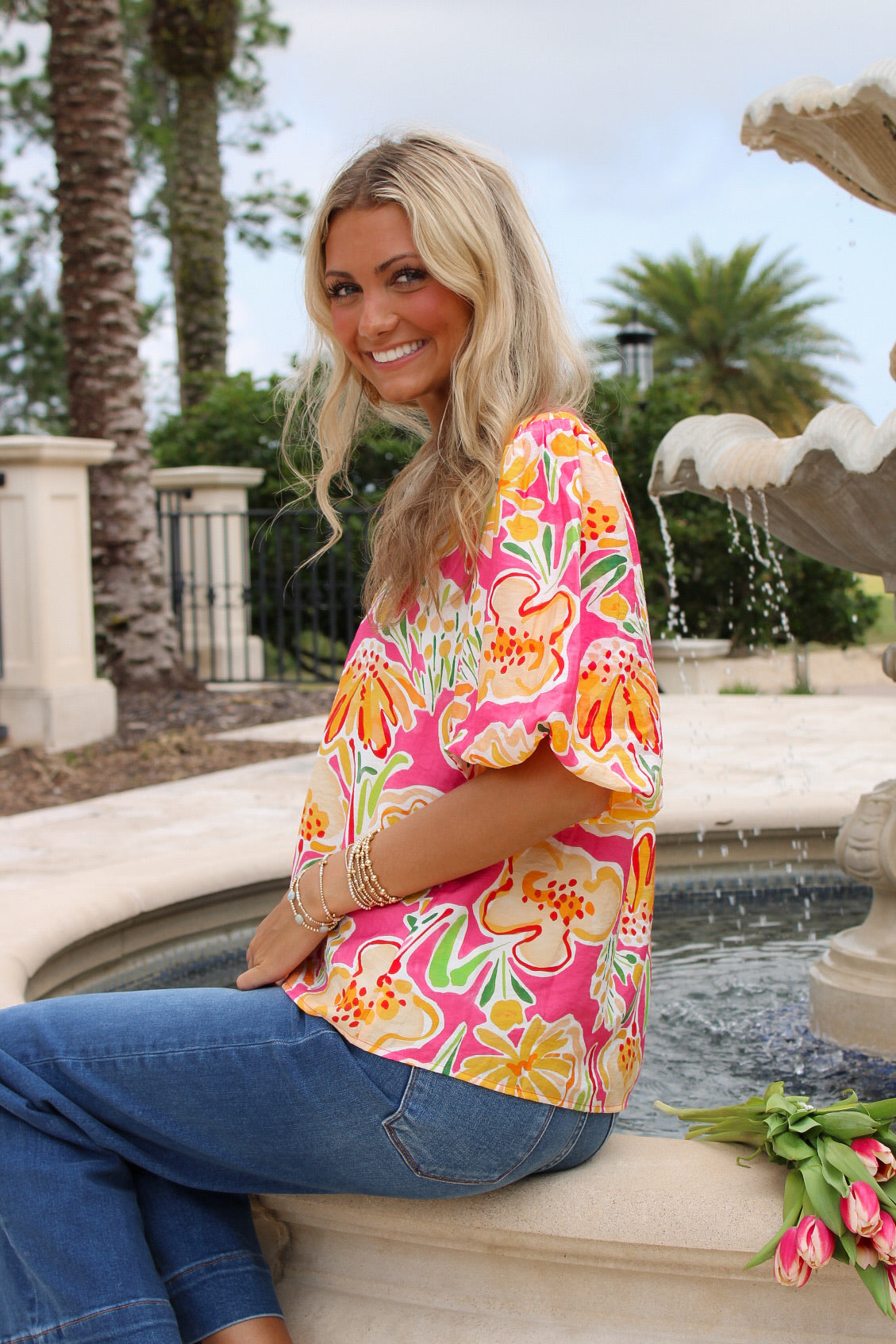 Sunset Bloom Bubble Sleeve Top - Pink